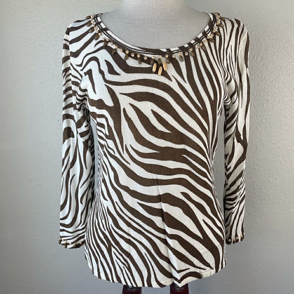 Multiples Cream & Brown Zebra Print Top Size M EUC